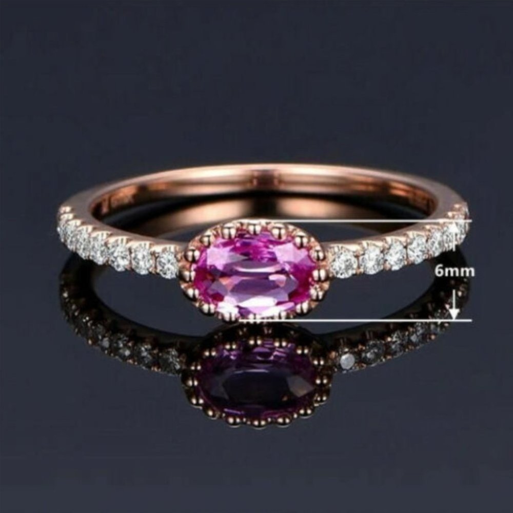 14k Rose Gold Plated Oval Cut Pink Sapphire Ring - Picture 5 of 6